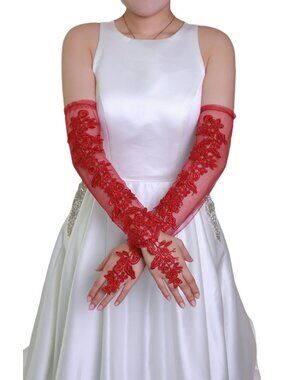 Women's Wine Red Long Lace Fingerless Gloves Sheer Mesh Elbow Length Gloves